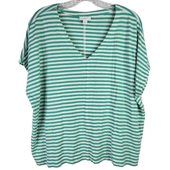 J Jill Women's Tee T-Shirt Green Stripe Short Sleeve Size XL Linen Relaxed - Picture 2 of 9